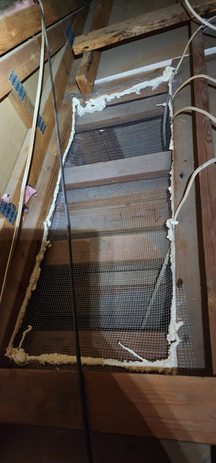 Rodent exclusion mesh sealed around wooden framing